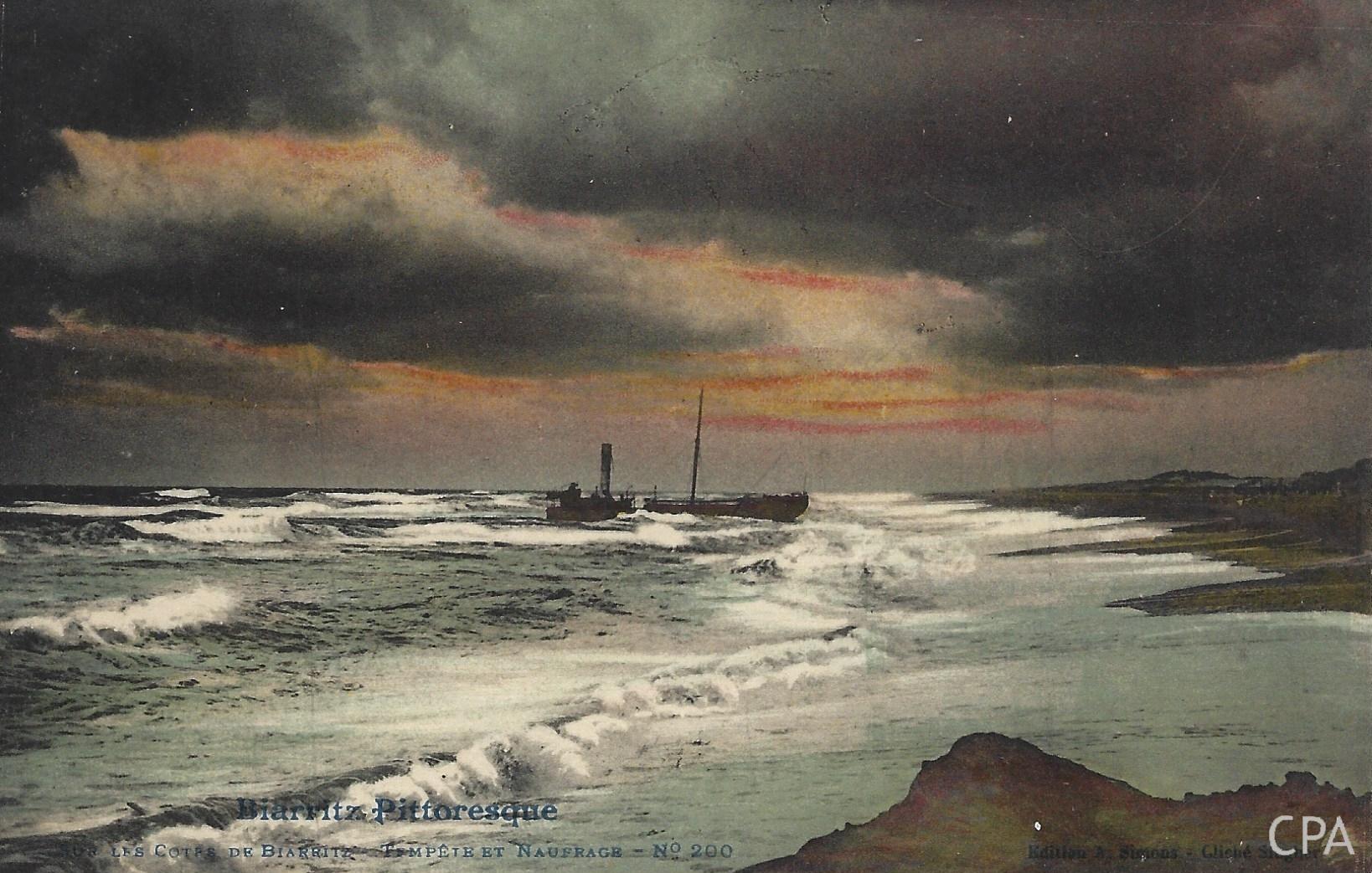 SUR LES COTES DE BIARRITZ - TEMPETE ET NAUFRAGE Colorisée